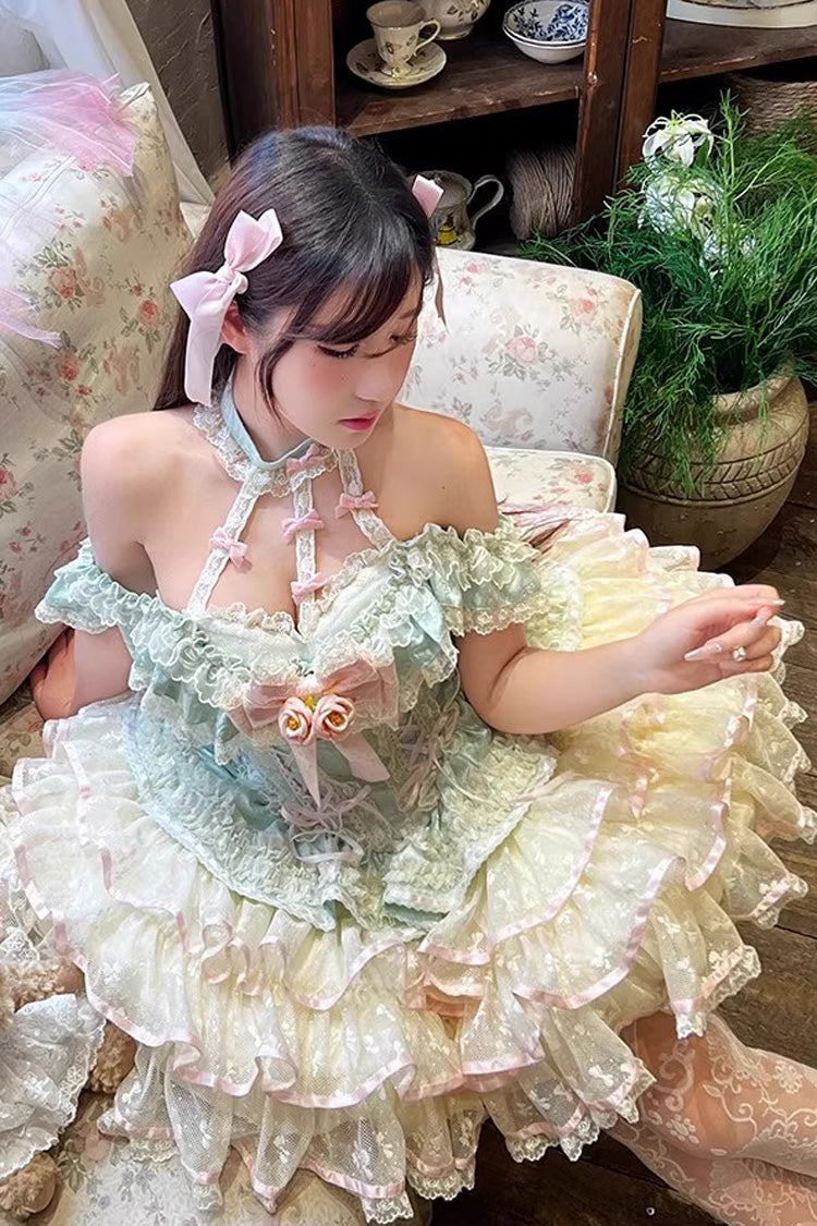 Green [Flower Language of Eros] Halterneck Multi-Layered Ruffle Bowknot Rose Lace Lace-Up Sweet Ballet Lolita Jsk Dress - Product - 4