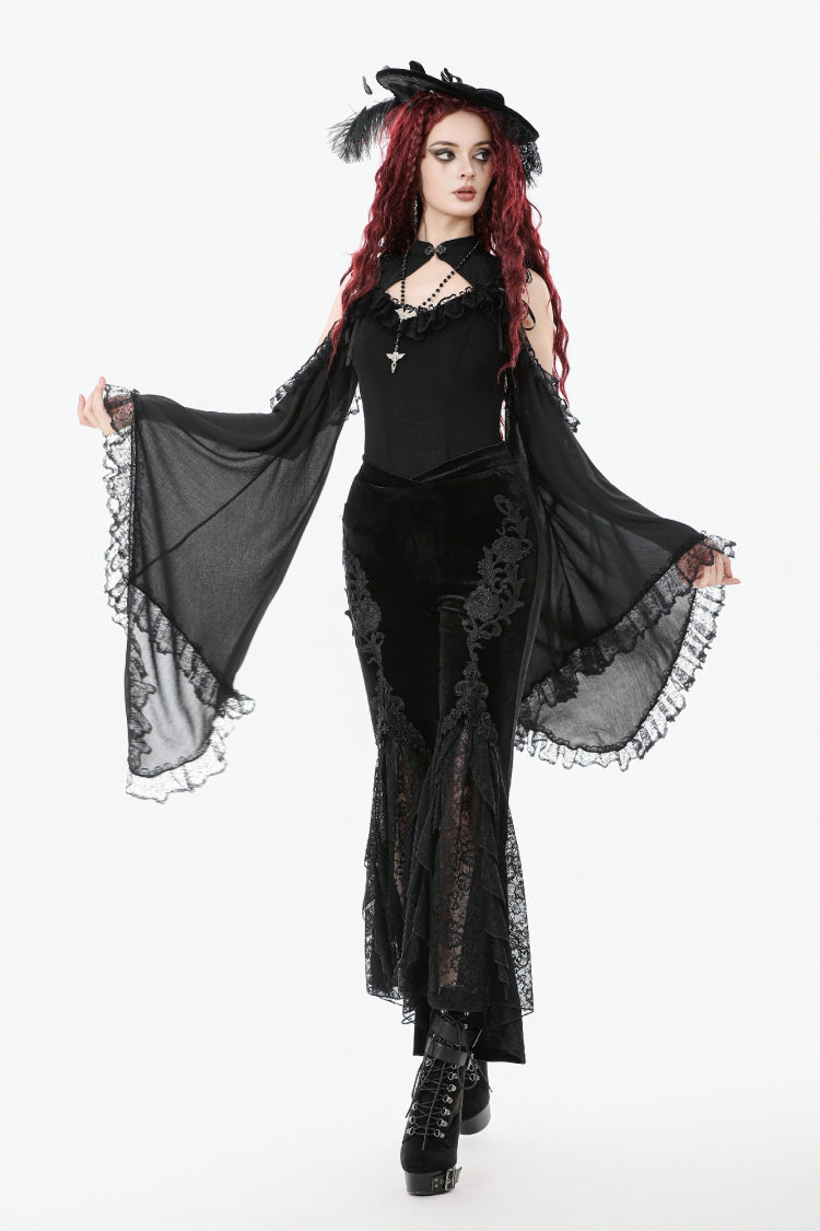 Black Women's Gothic Floral Embroidered Lace Flared Pants - Product - 7