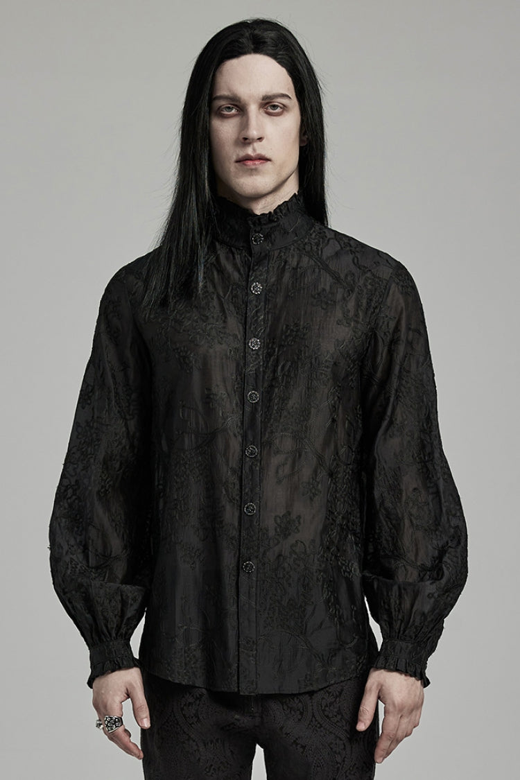 Black Stand Collar Jacquard Embroidery Men's Gothic Blouse - Black - 1