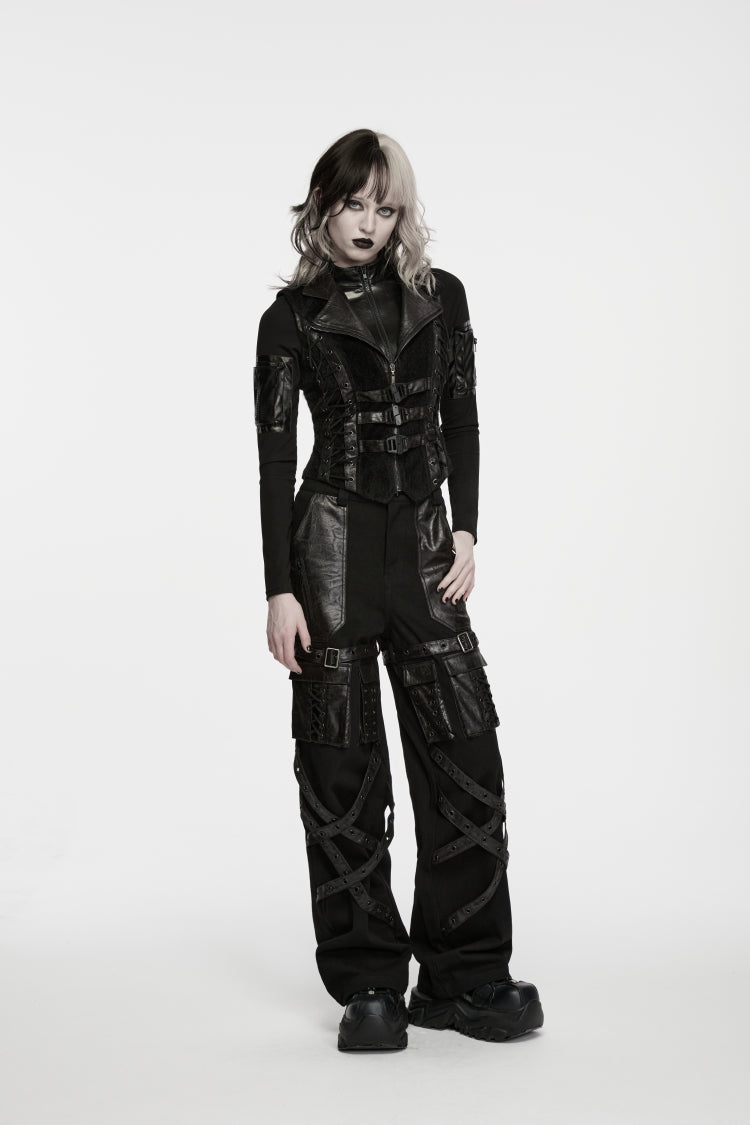 Black Lapel Collar Sleeveless Lace-Up Slim Fit Buckled Zippered Women's Punk Cool Vest - Product - 7