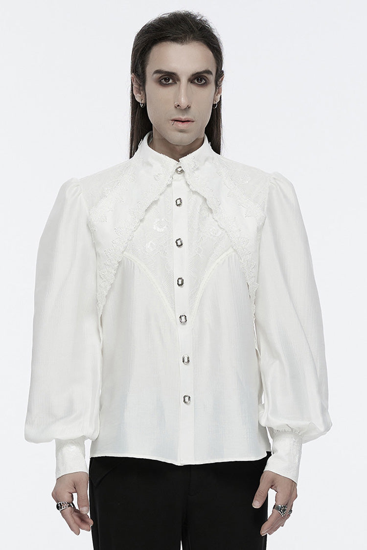 White Long Puff Sleeves Lace Men's Gothic Blouse - White - 1