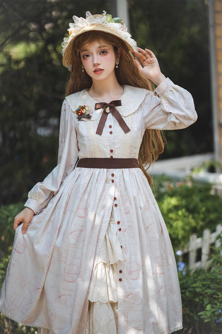 Forest Illustrated Book Long Lantern Sleeves Print Ruffle Sweet Lolita OP Dress 3 Colors - Product - 20