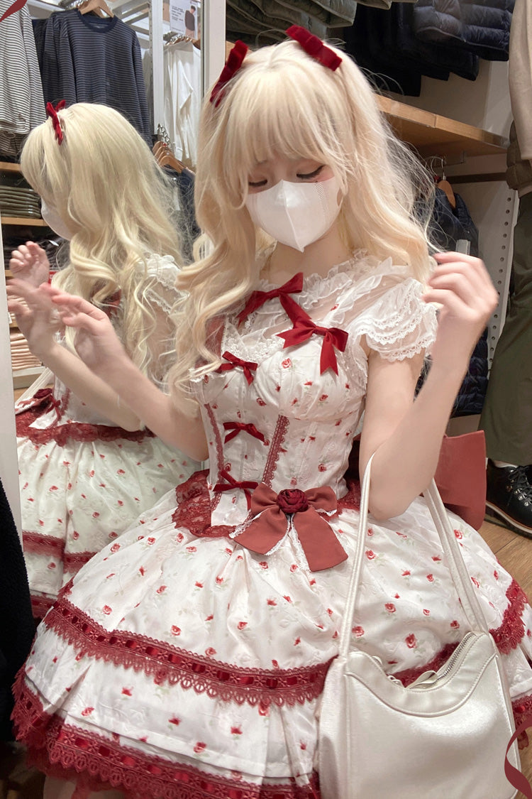 Wine Red [First Love Rose] Multi-Layered Print Ruffle Bowknot Lace Sweet Lolita Jsk Dress Set - Product - 7
