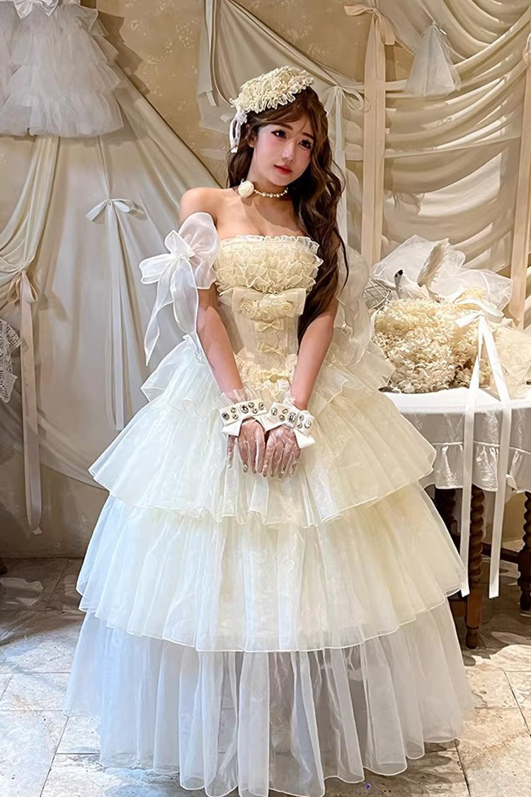 Beige [Mousse Serenade] Triple-Layered Ruffled Hanayome Bow Lace Sweet Princess Lolita Strapless Dress - Product - 7
