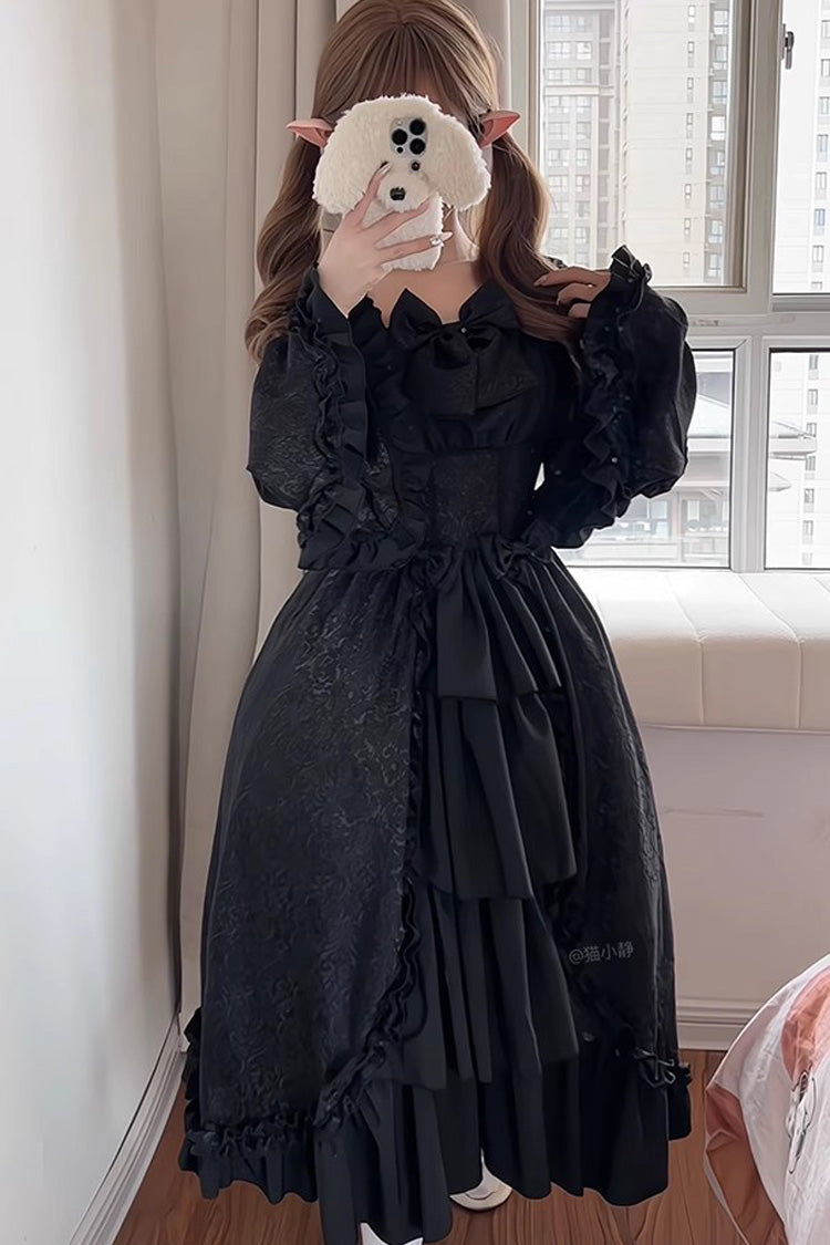 Black Long Hime Sleeves Multi-Layered Ruffle Cardigan Bowknot Gothic Plus Size Lolita Dress - Black - 1