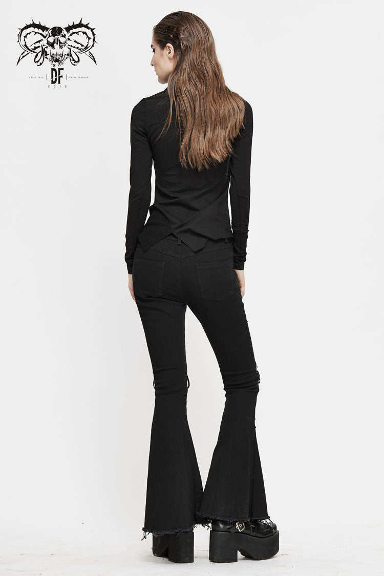 Black Worn Out Cross Shaped Hasp Long Sleeve High Collar Asymmetric Hem Women's Punk T-Shirt - Product - 6