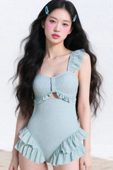 Blue Square Collar Sleeveless Ruffled Sweet Lolita One-Piece Swimsuit - Blue - 1