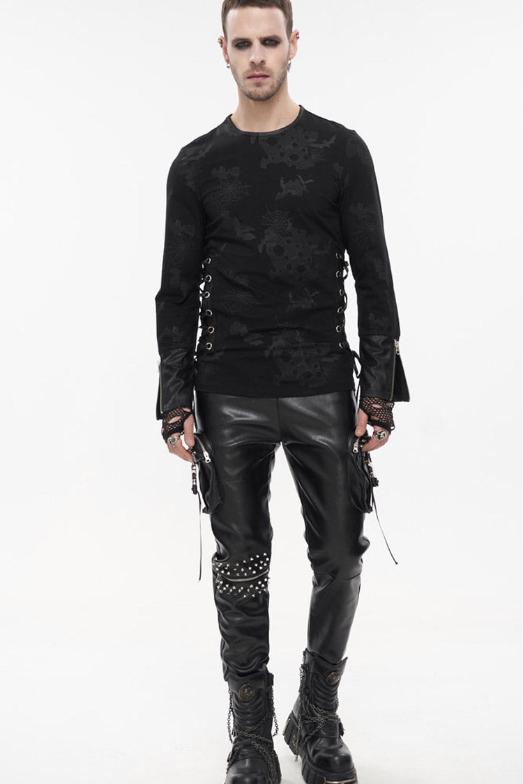 Black Punk Long Sleeve Knit Broken Holes Spider Web Print Crew Neck Men's Shirt - Black - 6