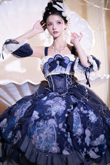 Blue [Deep Sea Jellyfish] Print Ruffle Lace Sweet Elegant Lolita Jsk Dress - Product - 3