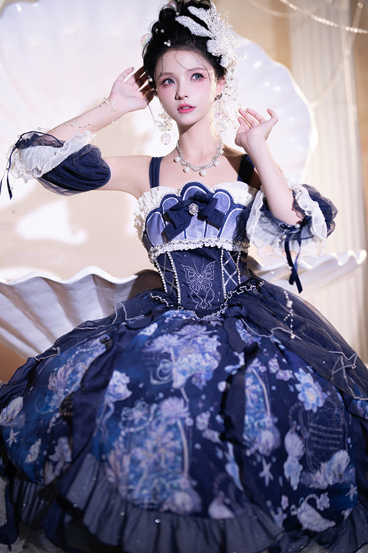 Blue [Deep Sea Jellyfish] Print Ruffle Lace Sweet Elegant Lolita Jsk Dress - Product - 3