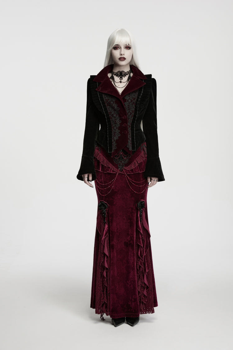 Black/Red Lapel Collar Long Trumpet Sleeves Lace Lace-Up Asymmetric Color-Blocked Women's Gothic Elegant Luxurious Royal Velvet Coat - Product - 2