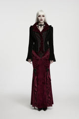 Black/Red Lapel Collar Long Trumpet Sleeves Lace Lace-Up Asymmetric Color-Blocked Women's Gothic Elegant Luxurious Royal Velvet Coat - Product - 2