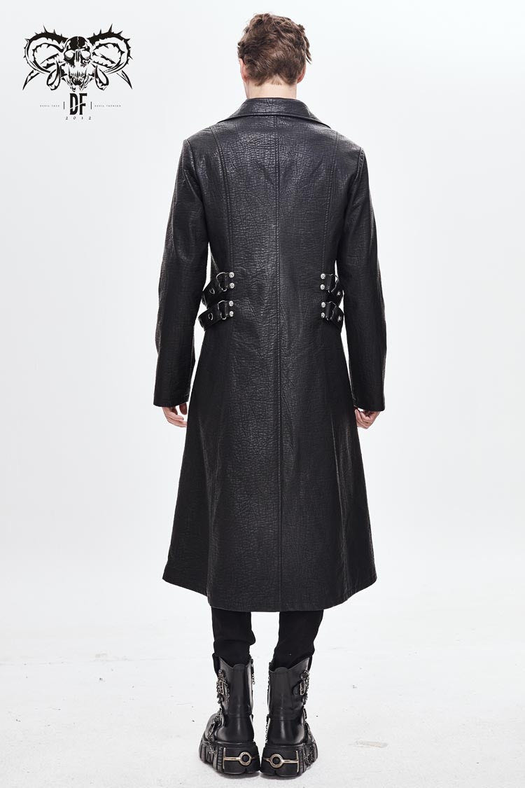 Black Stand Up Collar Waist Leather Hasp Leather Long Men's Punk Coat - Product - 4