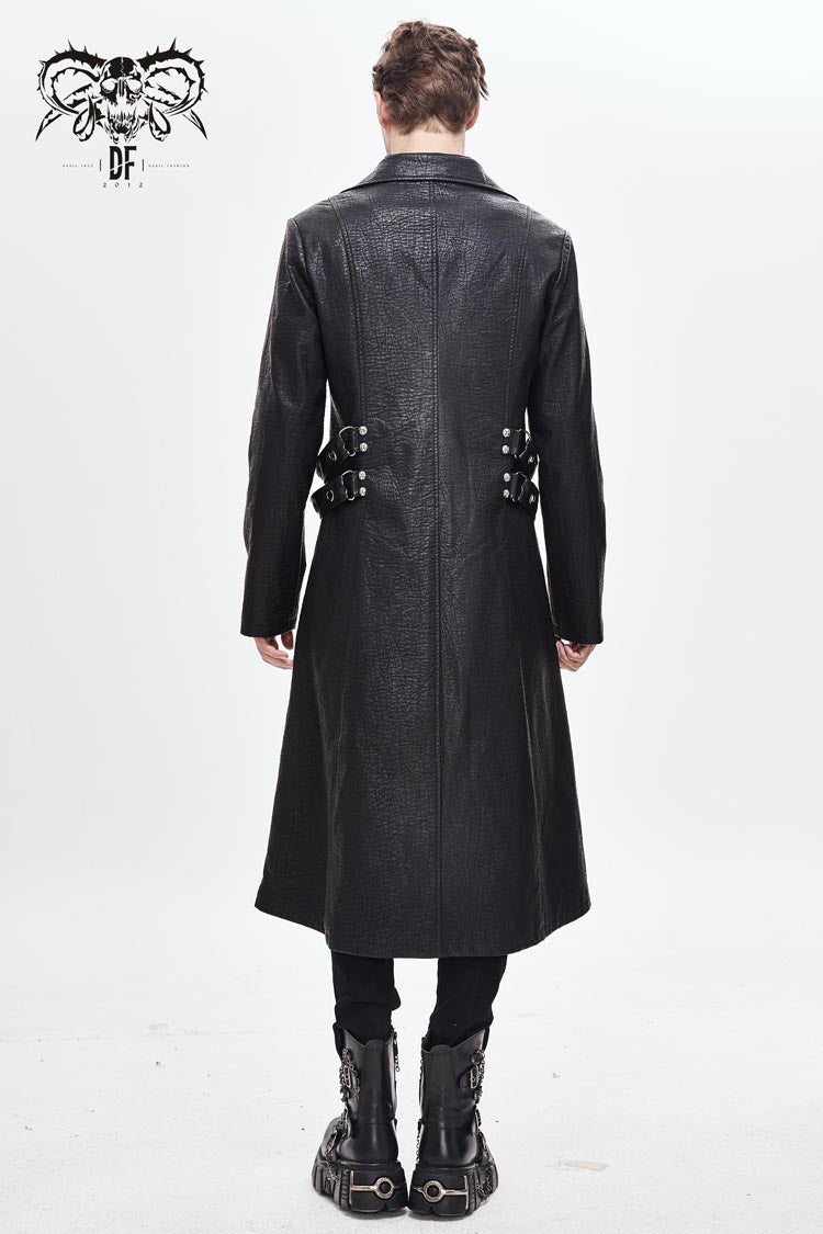 Black Stand Up Collar Waist Leather Hasp Leather Long Men's Punk Coat - Product - 4