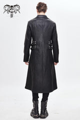 Black Stand Up Collar Waist Leather Hasp Leather Long Men's Punk Coat - Product - 4