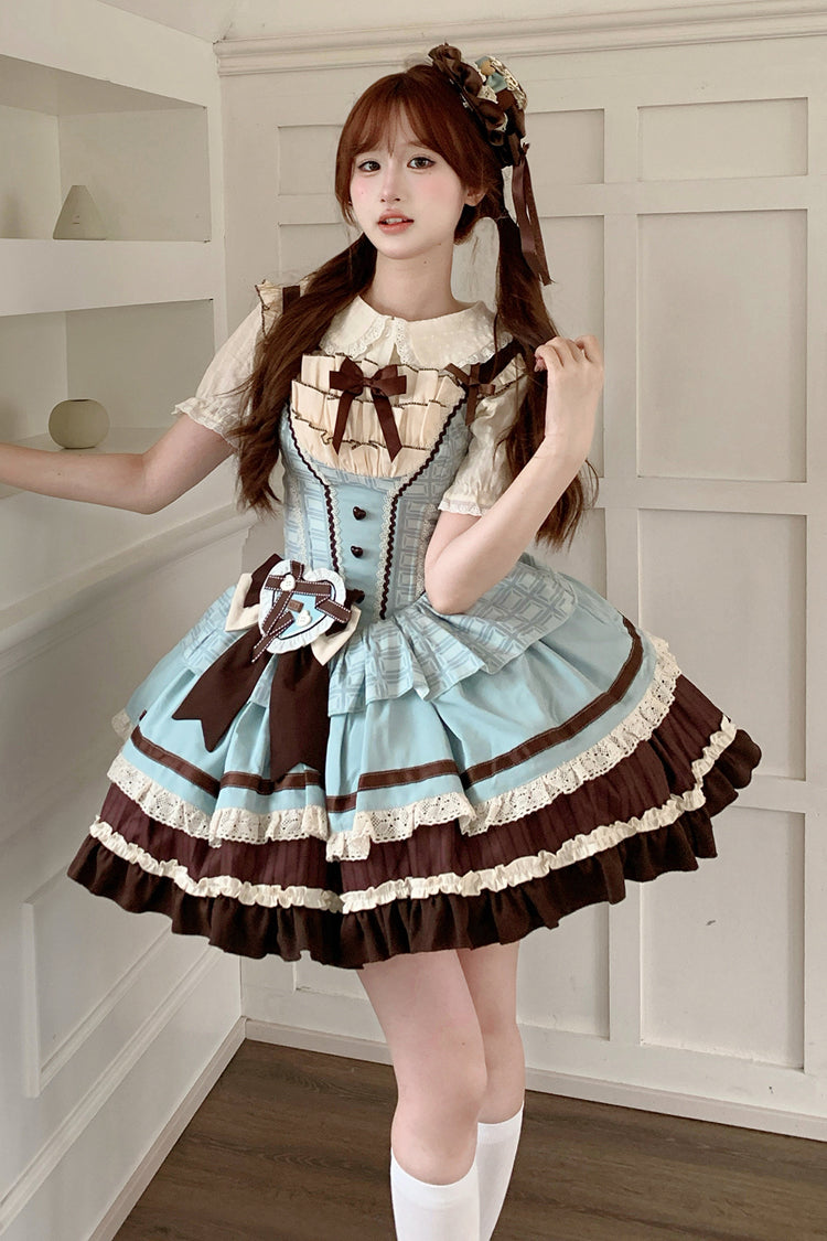 Green/Brown Mint Chocolate Sleeveless Triple-Layered Ruffle Bowknot Sweet (Dress Only) front view