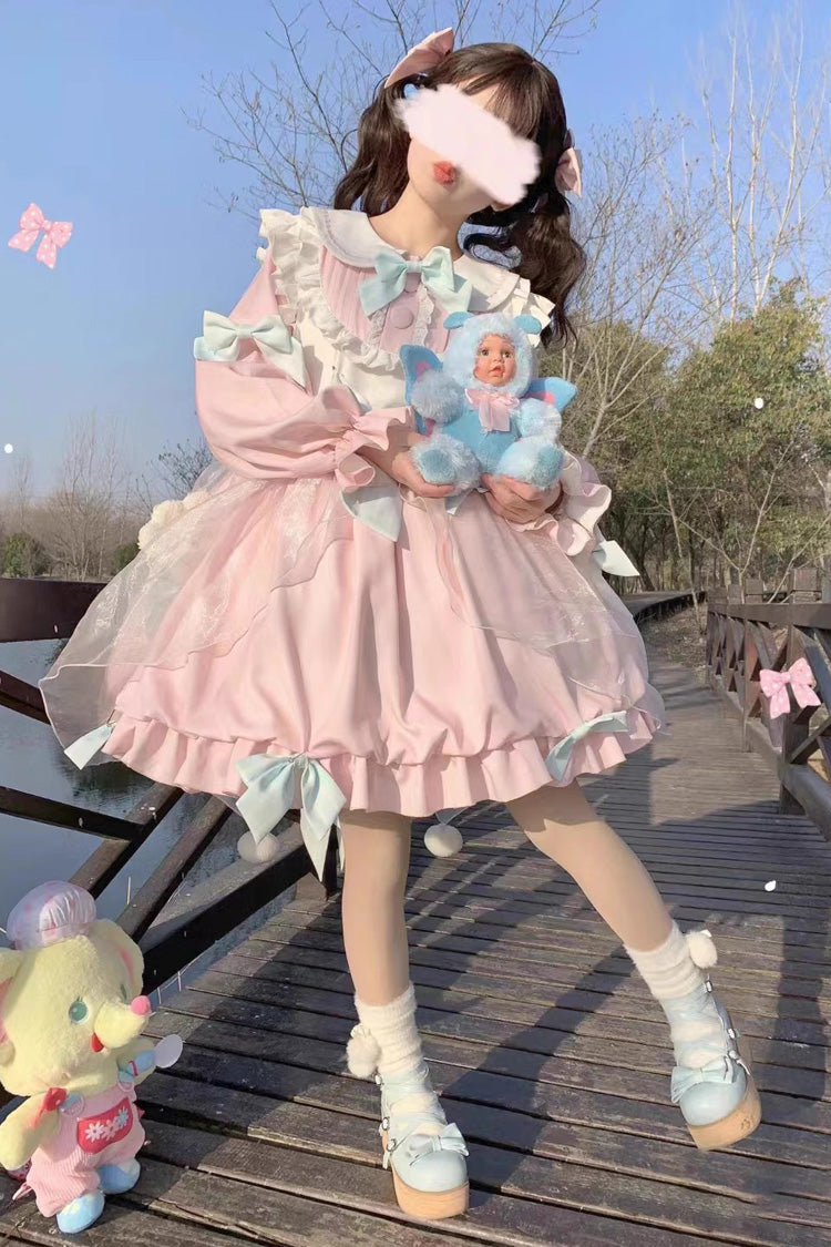 Bear Long Sleeves High Waisted Ruffle Bowknot Sweet Lolita Dress 3 Colors - Pink - 3