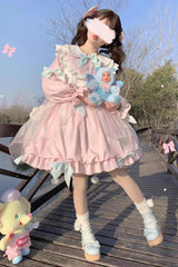 Bear Long Sleeves High Waisted Ruffle Bowknot Sweet Lolita Dress 3 Colors - Pink - 3