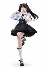 Black/Blue Off Shoulder Long Sleeves Ruffle Bowknot Sweet Jirai Kei Japanese Set - Product - 2