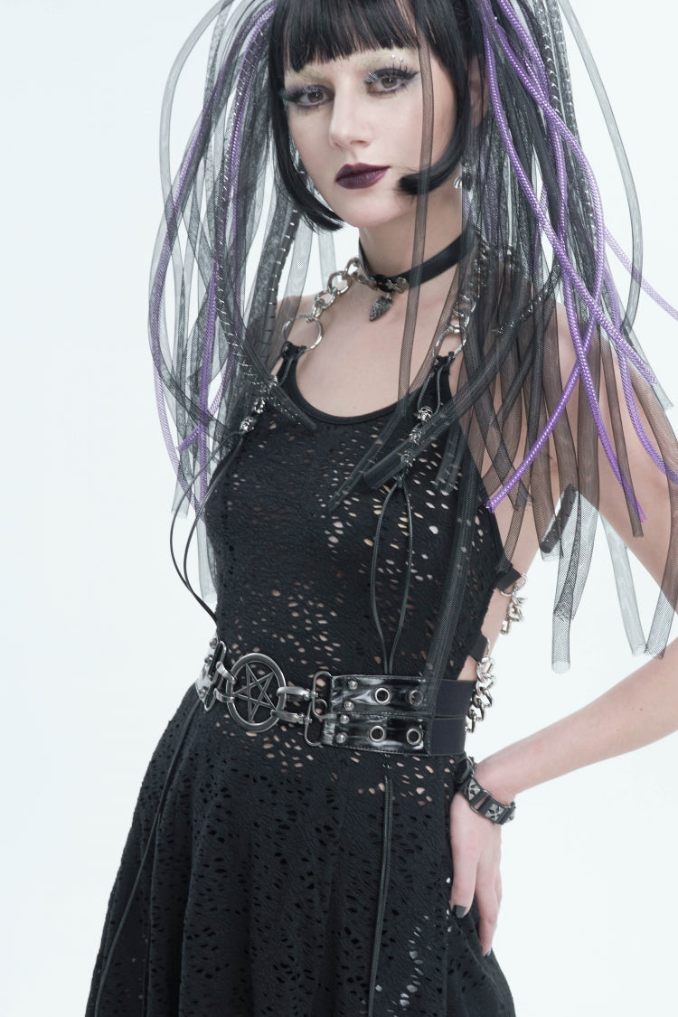 Black Studded Eyelet Women's Gothic Accessory Star Double-layer Faux Leather Belt - Product - 6