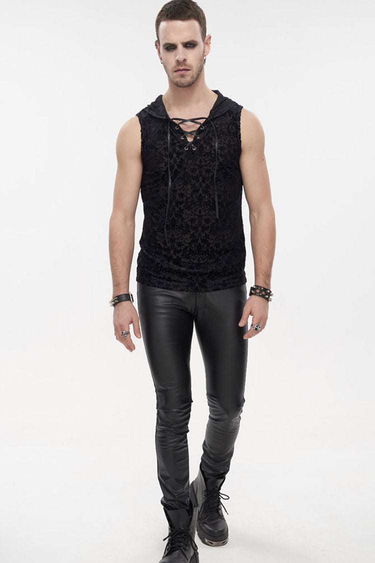 Black Punk Velvet Jacquard Chest Tie Sleeveless Hooded Men's Shirt - Black - 9