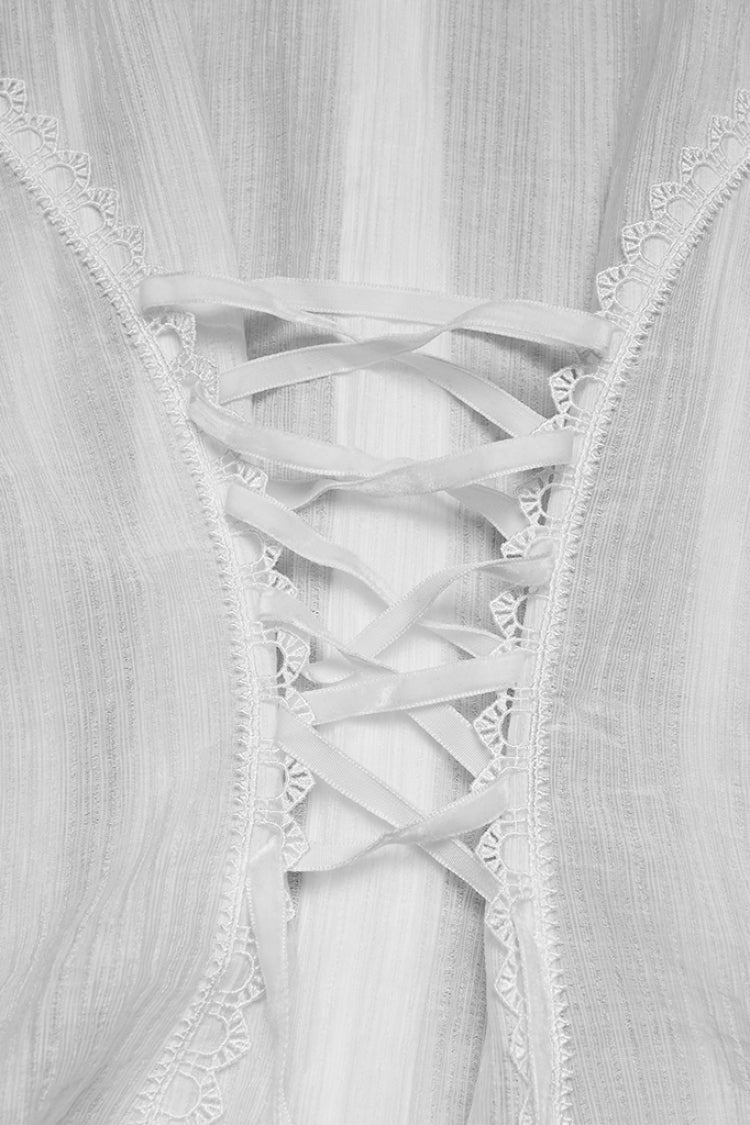 White Stand Collar Short Puff Sleeves Ruffled Lace-Up Women's Gothic Blouse - Product - 8