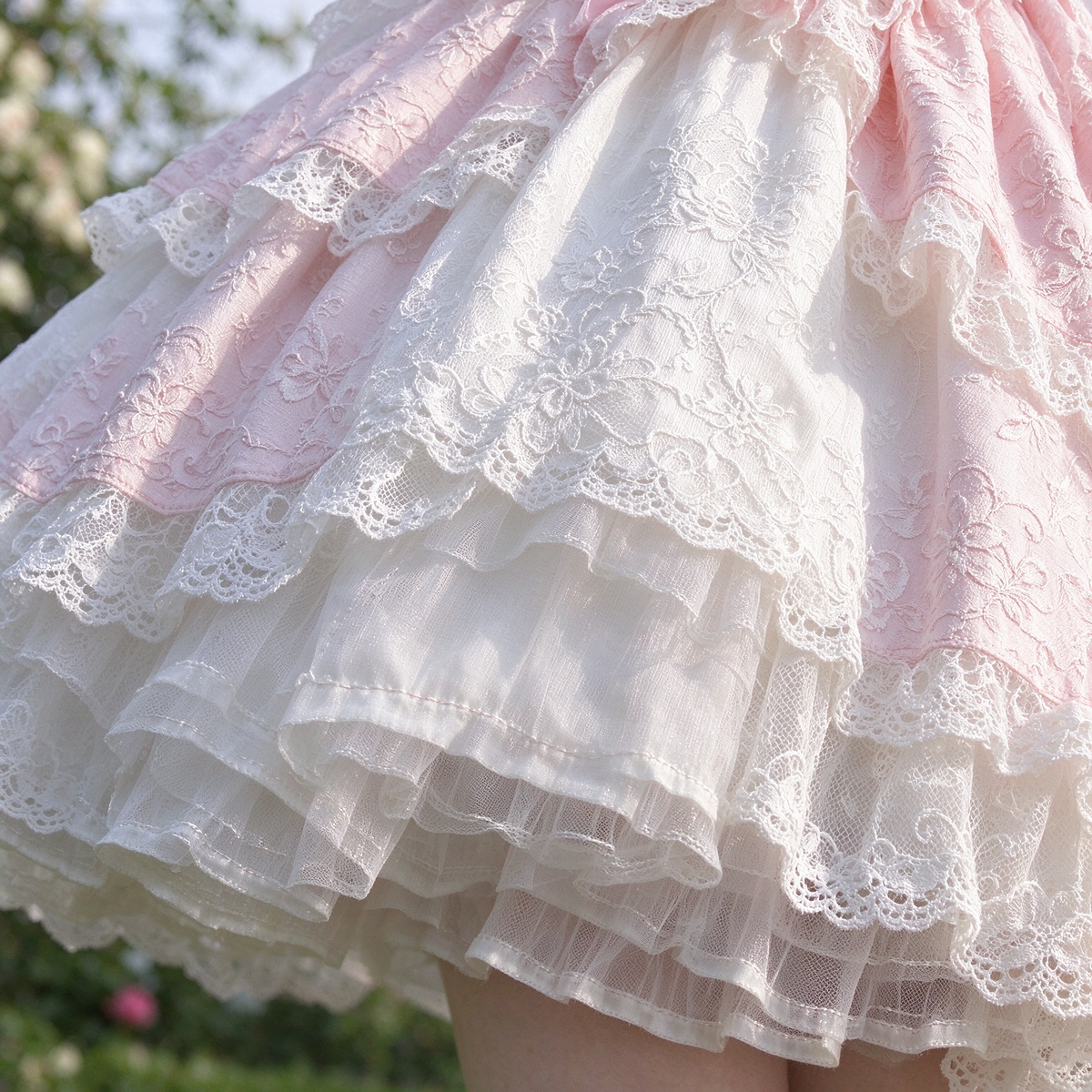 Pink and Light Blue Ruffled Lace Strap Dress with Bow Accent - view 8