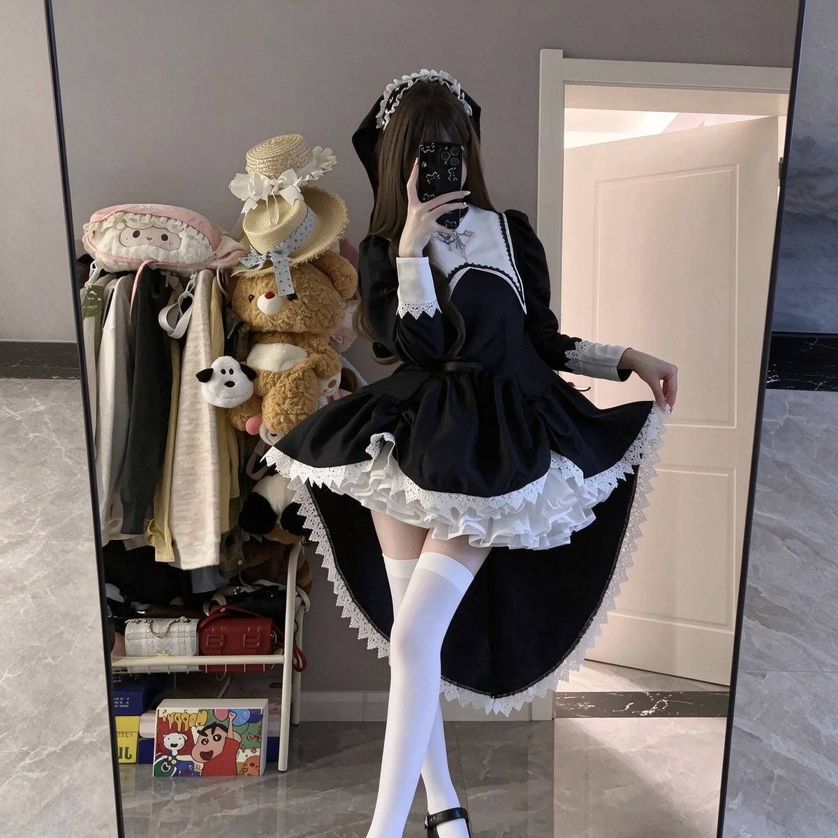 Black Gothic Ruffled Lolita Dress with Cross and Lace Trim - view 5