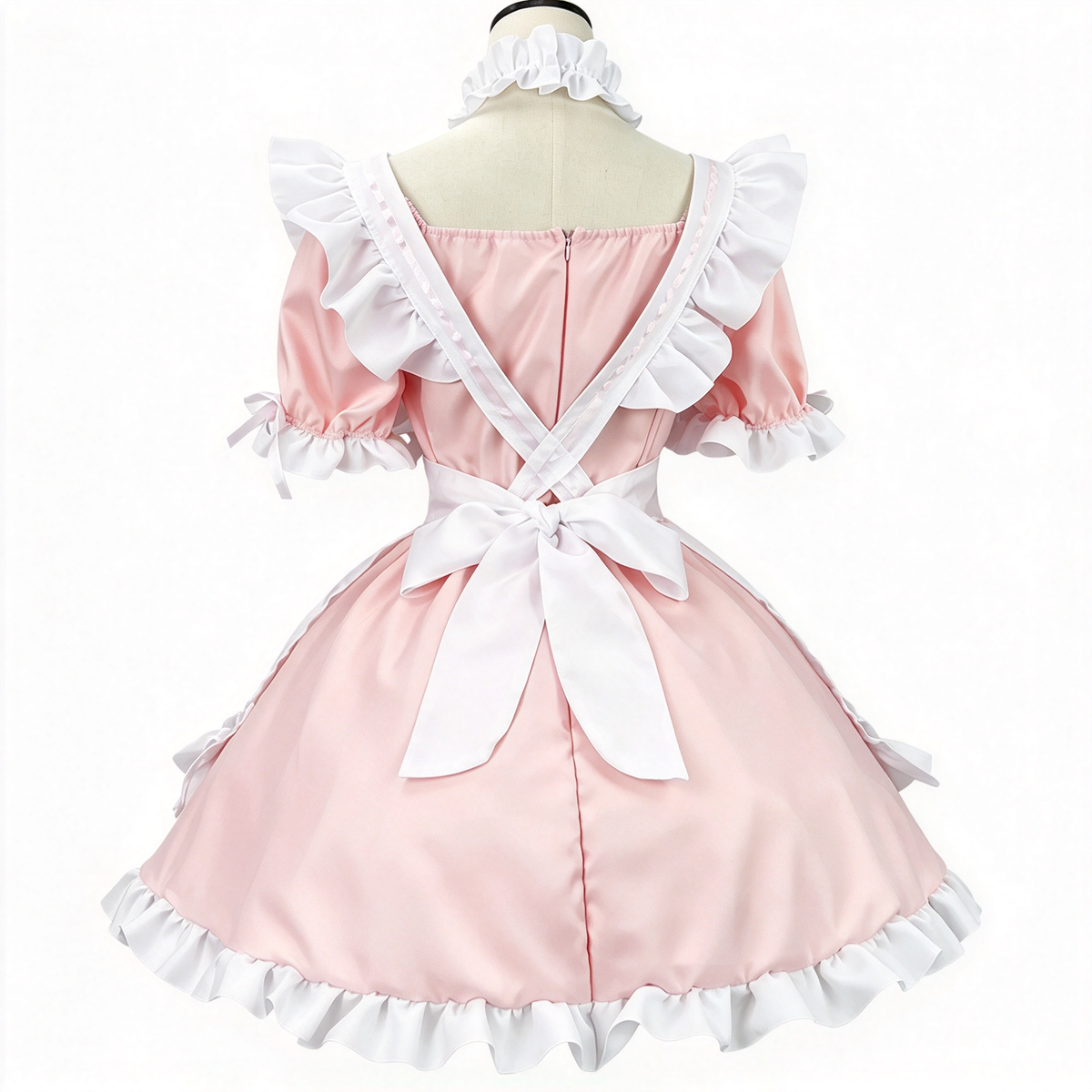 Pink and Black Ruffled Maid Lolita Dress with Apron Bow Accent - view 2