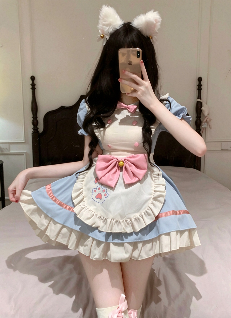 Blue and Beige Lace Cat Paw Maid Lolita Jumper Dress with Bow - view 5
