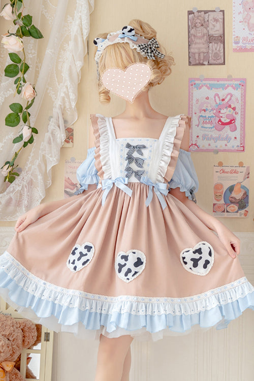 Apricot Pastoral Girl Ruffled Sling Short Sleeves High Waisted Sweet Lolita OP Dress - Product - 3