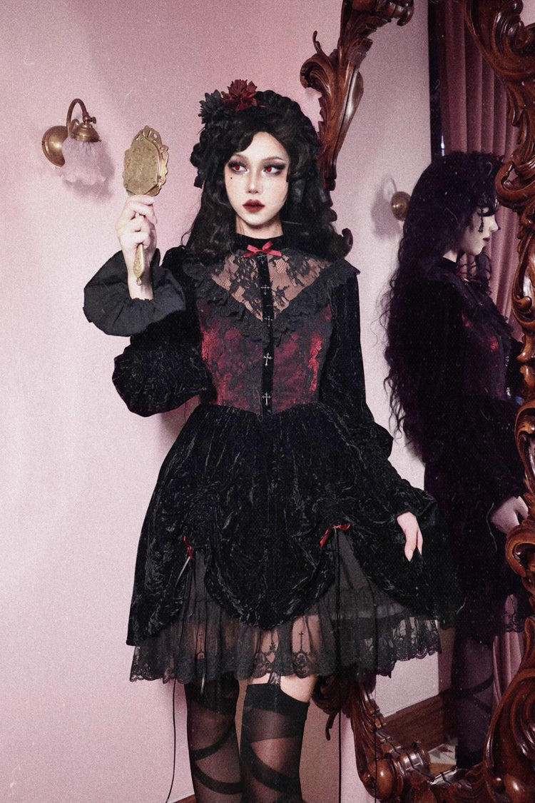 Black/Red [Rose Cemetery] Long Puff Sleeves Hollow Lace Gothic Lolita Dress - Product - 2