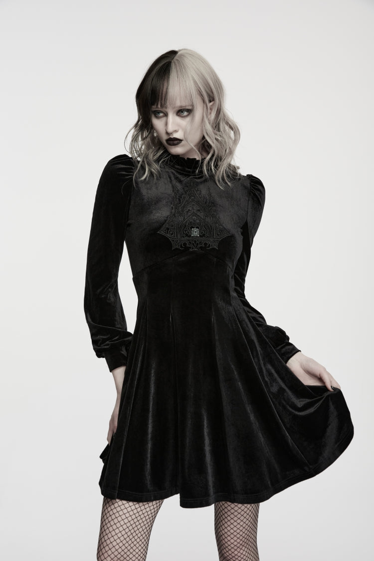 Black High Collar Long Lantern Sleeves Ruffled Embroidered Lace Zippered Women's Gothic Elegant Royal Dress - Product - 4