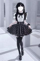Black Plaid Print Ruffle Lace Jirai Kei Japanese Strap Dress - Black - 1