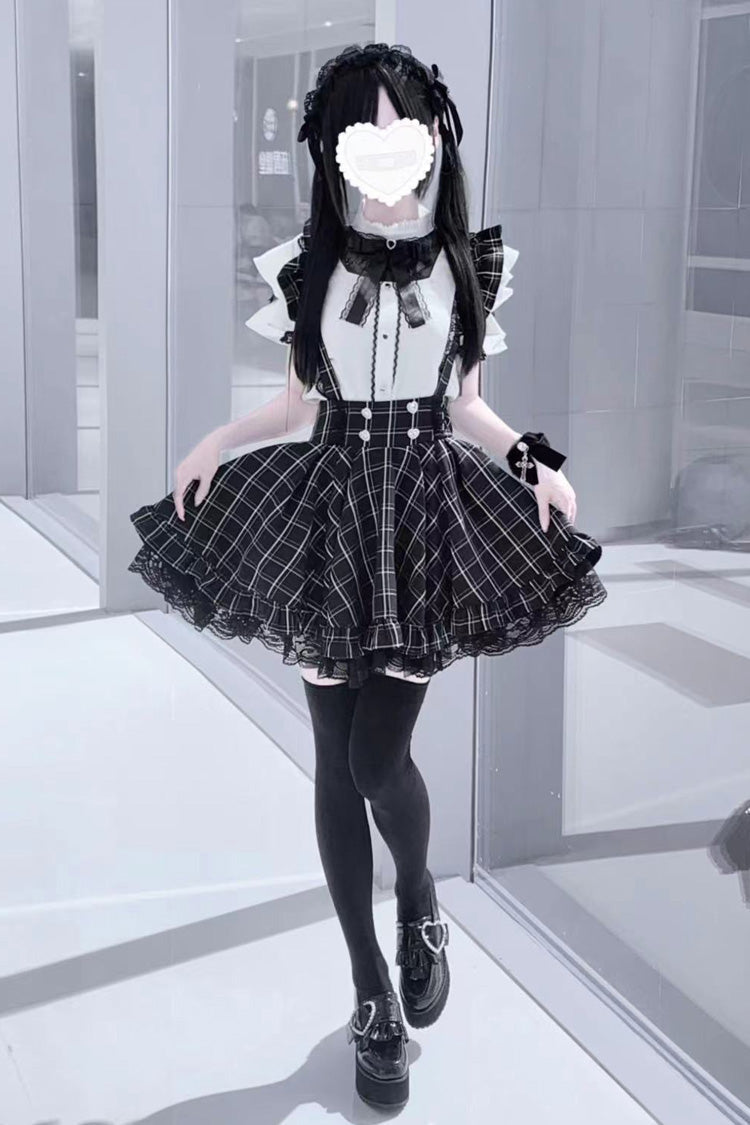 Black Plaid Print Ruffle Lace Jirai Kei Japanese Strap Dress - Black - 1