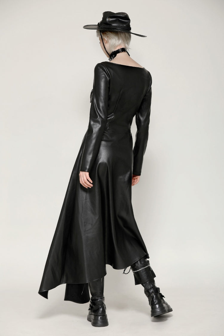 Black Women's Punk Long Sleeves Cut-Out Side Slit Irregular Hem Dress - Product - 13