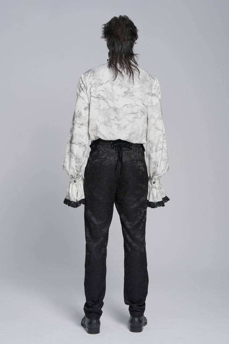 White Stand Collar Long Trumpet Marble Printed Sleeves Embroidered Spliced Men's Gothic Palace Shirt - Product - 4