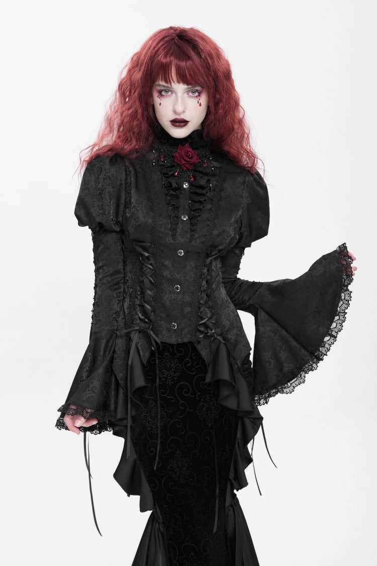 Black Stand Collar Long Puff Sleeves Floral Jacquard Lace-Up Women's Gothic Blouse - Product - 3