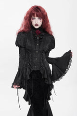 Black Stand Collar Long Puff Sleeves Floral Jacquard Lace-Up Women's Gothic Blouse - Product - 3