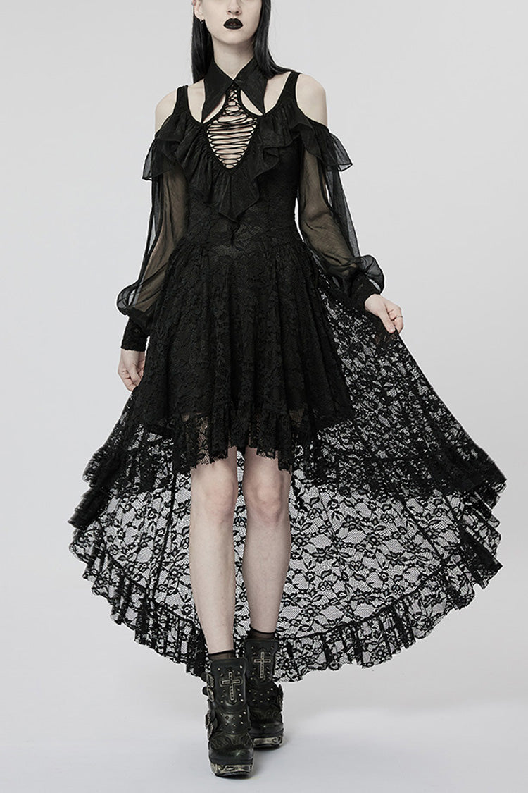 Black Off Shoulder Hollow Stitching Lace Irregular Women's Gothic Dress - Black - 1