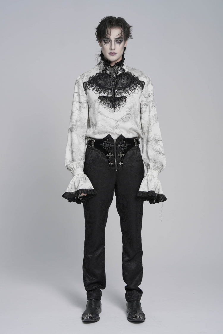 White Stand Collar Long Trumpet Marble Printed Sleeves Embroidered Spliced Men's Gothic Palace Shirt - Product - 2