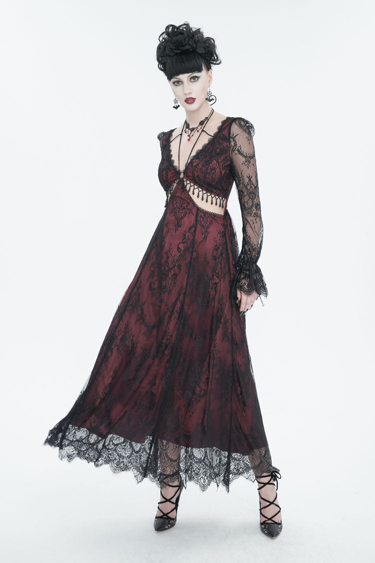 Red Lace Appliqu Adjustable Waist Cutout Women's Gothic Dress - Product - 2
