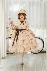 Forest Illustrated Book Long Lantern Sleeves Print Ruffle Sweet Lolita OP Dress 3 Colors - Ivory - 3