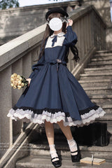 Dark Blue [Phyllis] Plaid Print Ruffle Bowknot Lace Vintage Elegant Lolita Dress - Product - 2