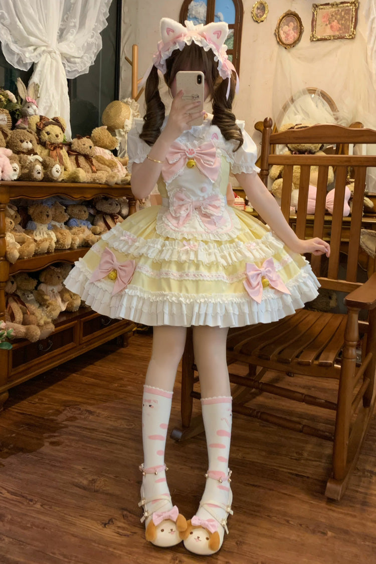 Yellow [Meowling Sweet Maid] Sleeveless Multi-Layered Ruffle Bowknot Lace Sweet Princess Lolita Jsk Dress - Product - 9