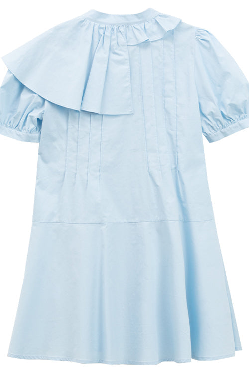 Blue Irregular Ruffled Round Collar Bubble Short Sleeves Waist With Flower Accessories High Waisted Sweet Lolita Dress - Product - 9