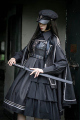 Dark V Neck Bowknot Rivets Epaulettes Sleeveless Military Uniform PU Gothic Lolita Jsk Dress - Product - 3