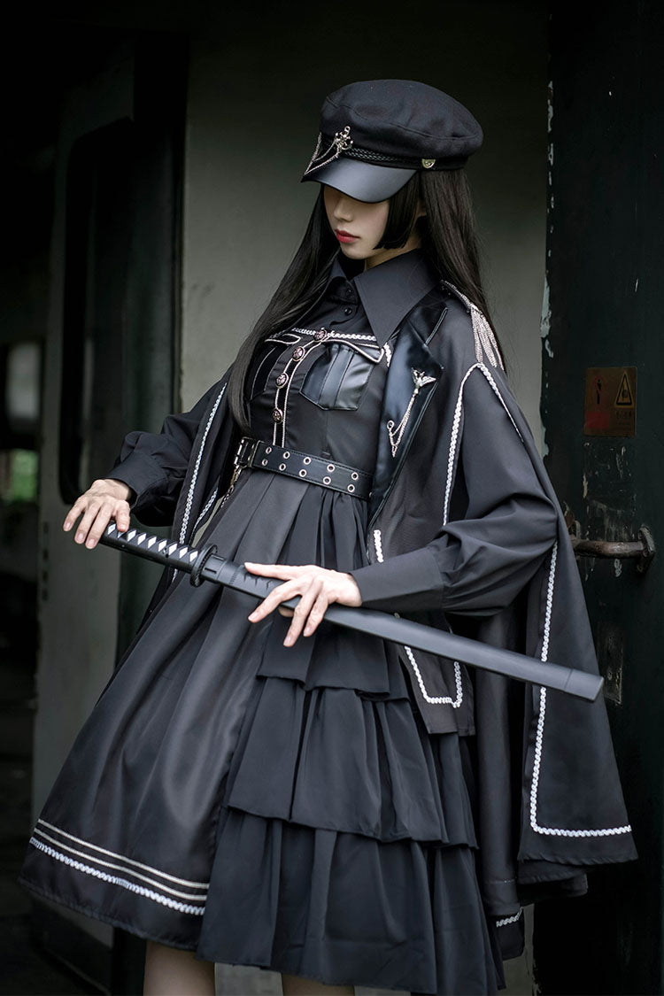 Dark V Neck Bowknot Rivets Epaulettes Sleeveless Military Uniform PU Gothic Lolita Jsk Dress - Product - 3