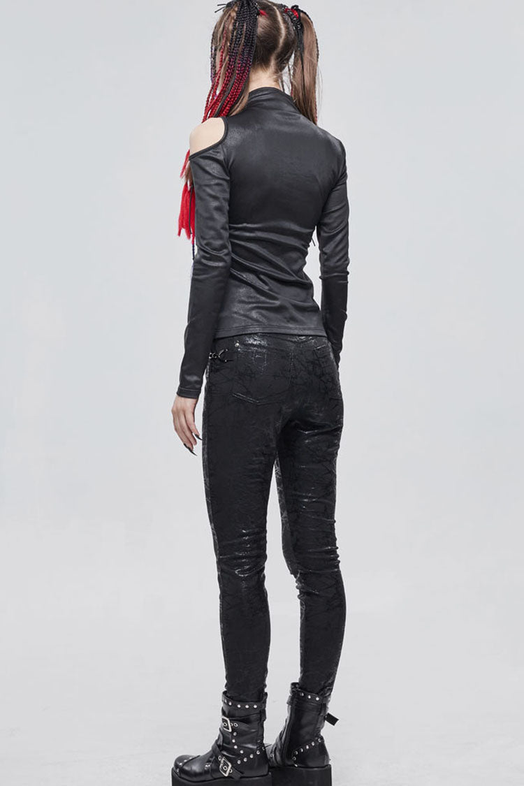 Black Punk Stretch Knitted Fabric Chest Cutout Design Buckle Strap Decoration Long Sleeve Women's Shirt - Product - 7