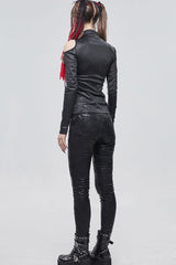 Black Punk Stretch Knitted Fabric Chest Cutout Design Buckle Strap Decoration Long Sleeve Women's Shirt - Product - 7